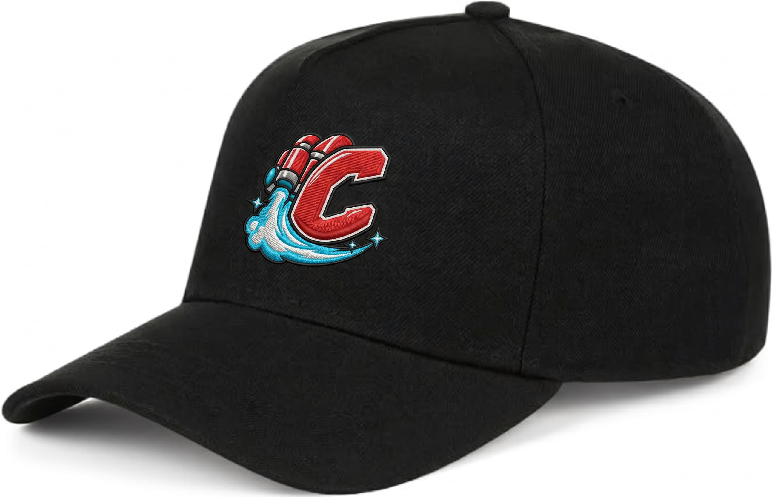 Black baseball cap embroidered with Cap’s red and blue jetpack C logo