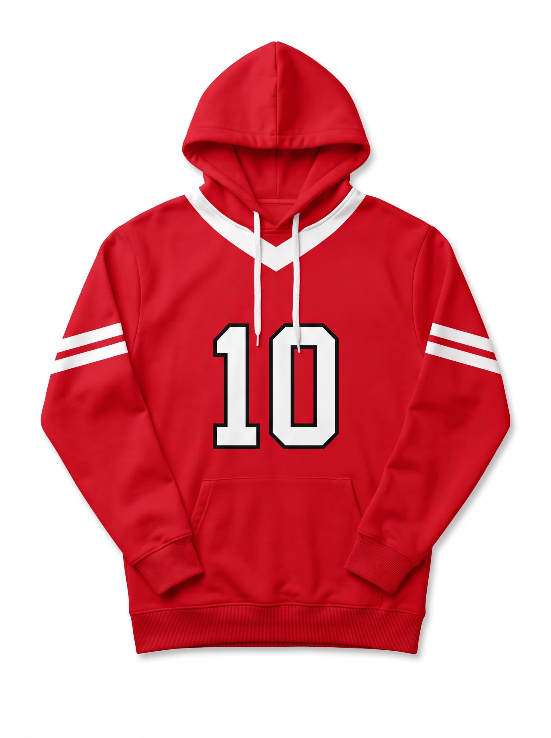 Red pullover hoodie with white varsity number 10 and sleeve stripes