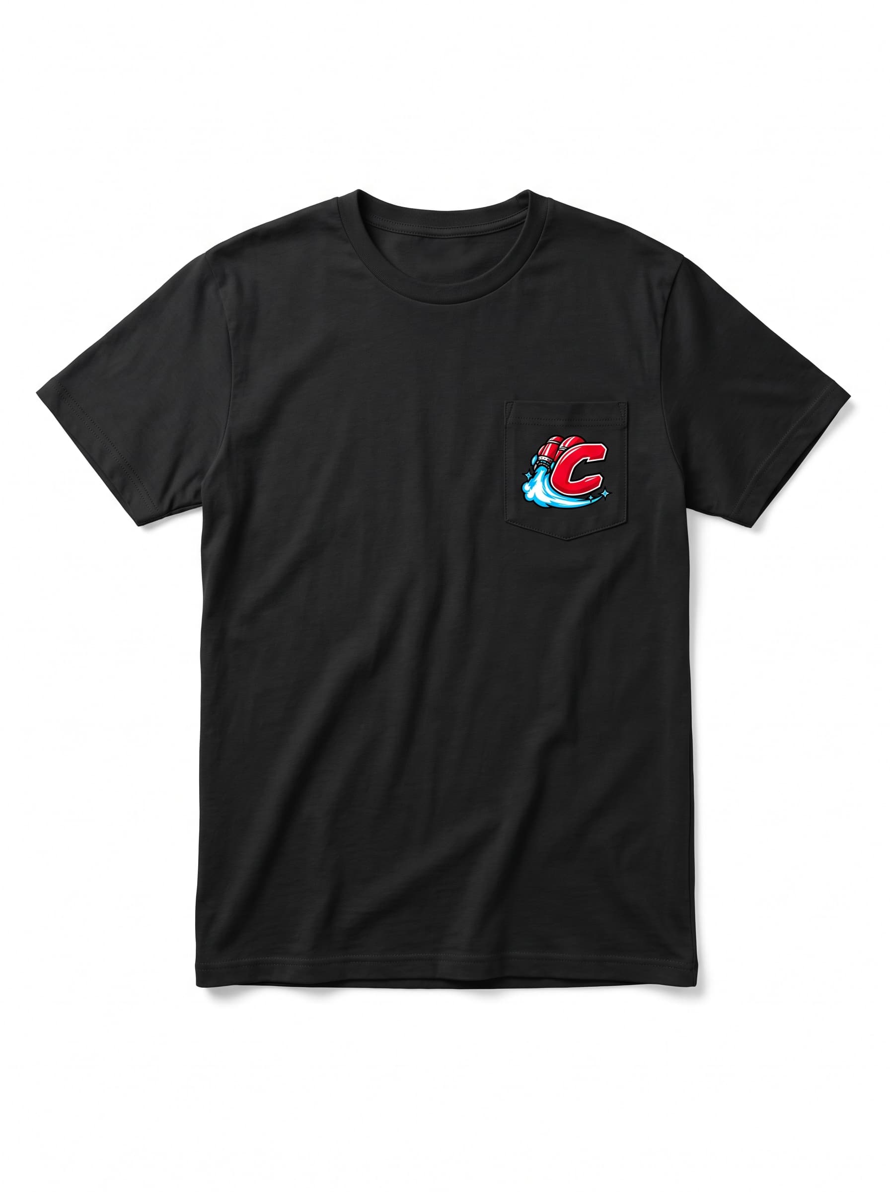 Black Cap T-shirt with a small rocket C logo on the chest pocket